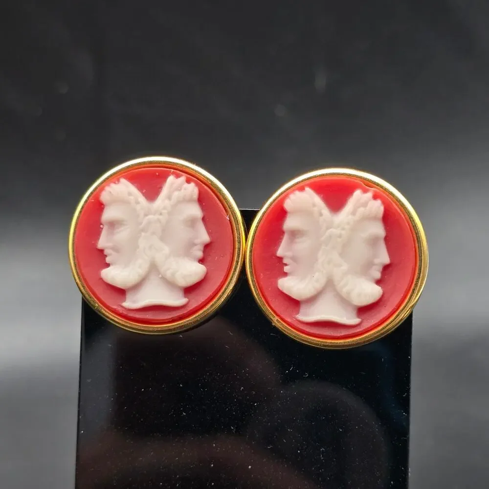 Orange Janus Cameo Cufflinks Greek Roman Gold Gold Tone Vintage NOS